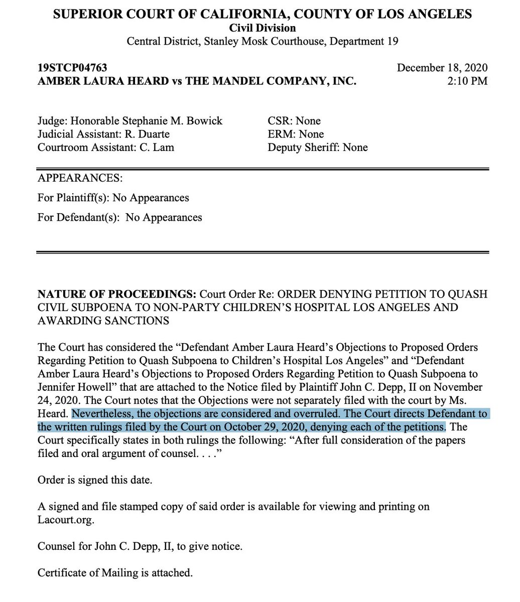 LauraBockov's tweet image. Update: Johnny Depp vs Amber Heard (California).💥
AH opposed the notice Depp filed re Judge&apos;s ruling on CHLA &amp;amp; Howell. (see attached tweet)

Judge has ruled finally-again, DENIED!
Depp got it right in my order notice. 
I deny your quash and I overrule your opposition filing.  👏