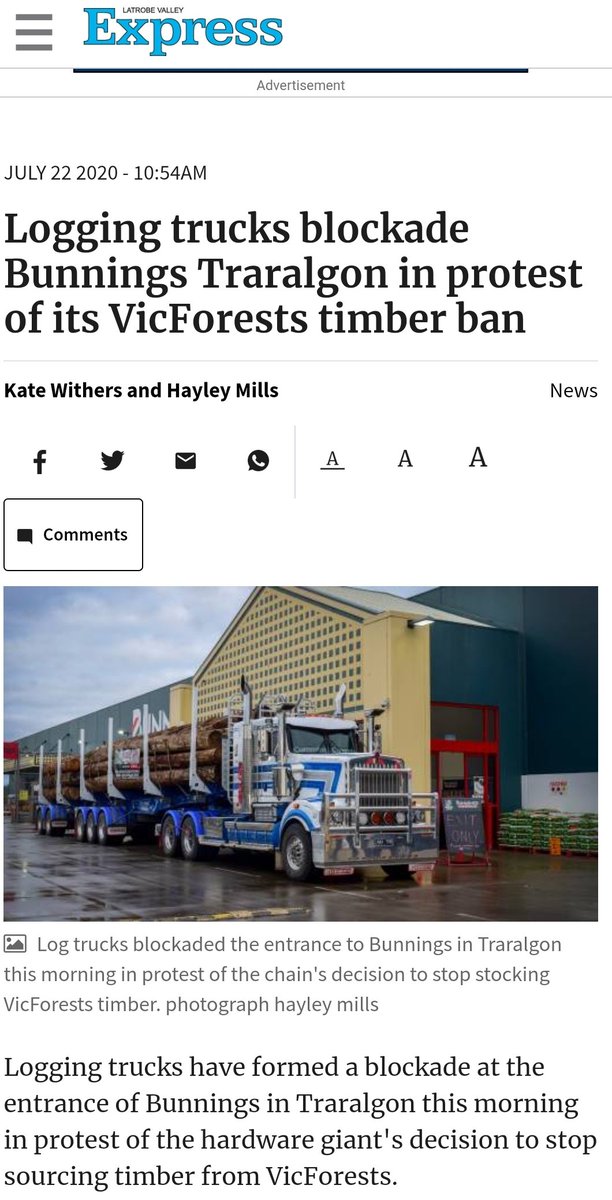 July 2020Bunnings in Traralgon blockaded by logging contractors angered by Bunnings' decision not to take wood logged in Victoria’s native forest. Despite Bunnings clearly indicating YEARS earlier that VicForests needed to get its act together if it wanted to be a supplier.