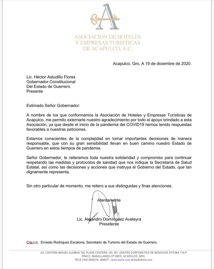 El Presidente de la Asociación de Hoteles y Empresas Turísticas de Acapulco, <a href="/AlejandroDom66/">Alejandro Dominguez</a> a nombre de los socios, agradecemos al Gobernador del Estado de Guerrero, Lic. <a href="/HectorAstudillo/">HectorAstudillo</a> por todo el apoyo que hemos recibido durante la pandemia del COVID19.
<a href="/erescalona11/">ERNESTO R. ESCALONA</a>