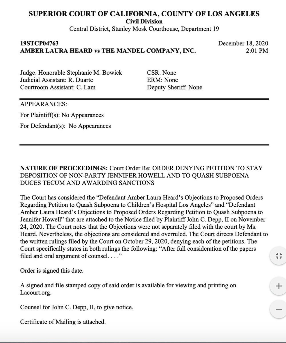 LauraBockov's tweet image. Update: Johnny Depp vs Amber Heard (California).💥
AH opposed the notice Depp filed re Judge&apos;s ruling on CHLA &amp;amp; Howell. (see attached tweet)

Judge has ruled finally-again, DENIED!
Depp got it right in my order notice. 
I deny your quash and I overrule your opposition filing.  👏