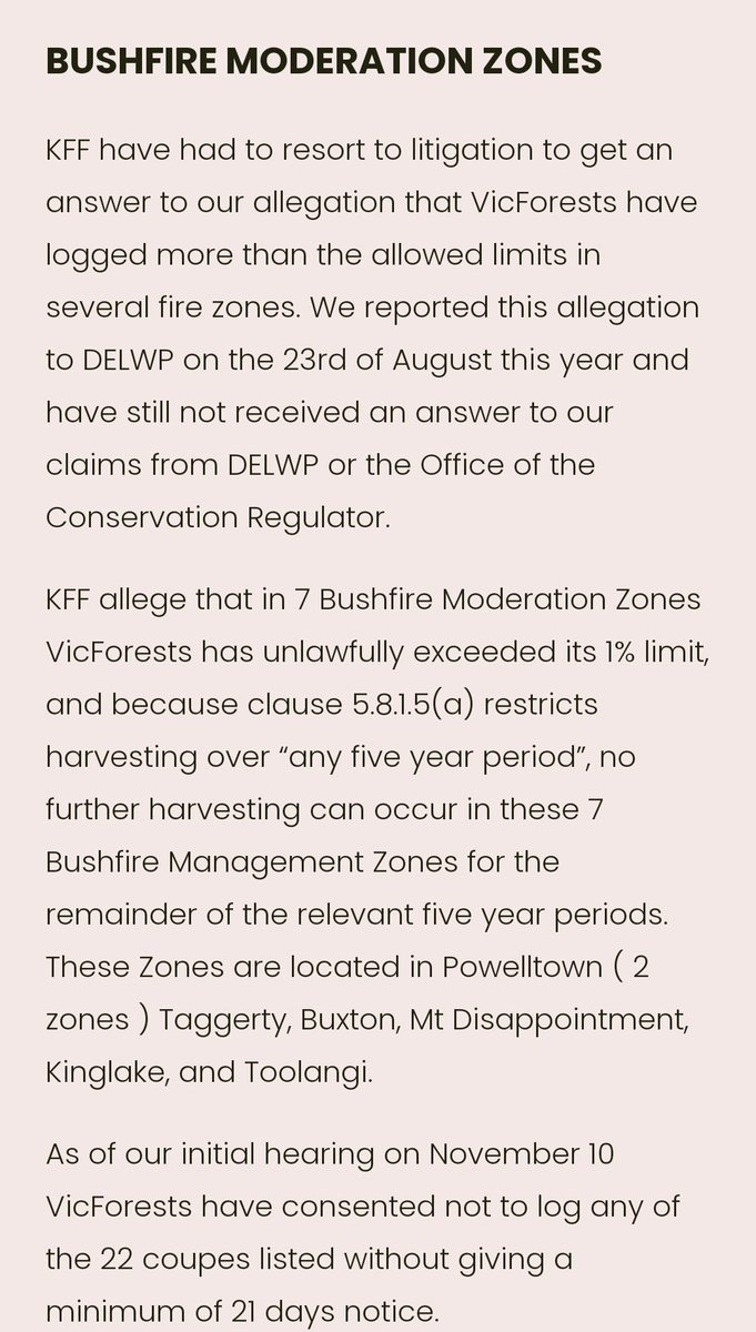November 2020Kinglake Friends of the Forest launches a second court case against VicForests, this time alleging overharvesting of Bushfire Moderation Zones. It's complicated, don't ask.