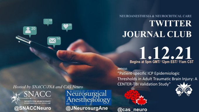 It's excited to join the Journal Club co-organized by SNACC and CAS neuro!

12 Jan 2021 #NeuroAnesJC
Patient-specific ICP Epidemiologic Thresholds in Adult Traumatic Brain Injury: A CENTER-TBI Validation Study. Free to read at - 
journals.lww.com/jnsa/Fulltext/…
<a href="/SNACCNeuro/">SNACC</a>

 <a href="/cas_neuro/">CAS Neuro Section</a>