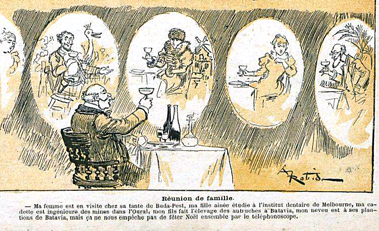 Jean_no's tweet photo. Le Rire, 26 décembre 1896 : Albert Robida prophétise le réveillon en visioconférence. https://t.co/QIeDL0VZJt