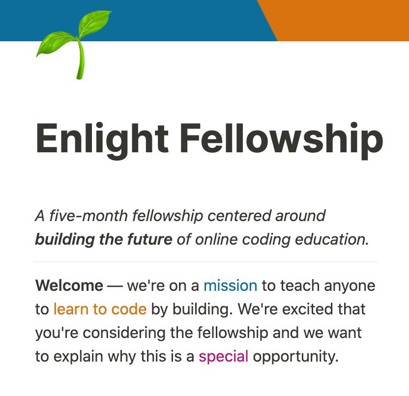tryEnlight's tweet photo. Announcing the Enlight Fellowship 🌱

A cross-functional role where you'll work in growth, marketing, engineering, and more to solve some of the toughest problems in online coding education today. 🚀

Learn more — https://t.co/HOsruVzz9a https://t.co/fEgwaxnIaz