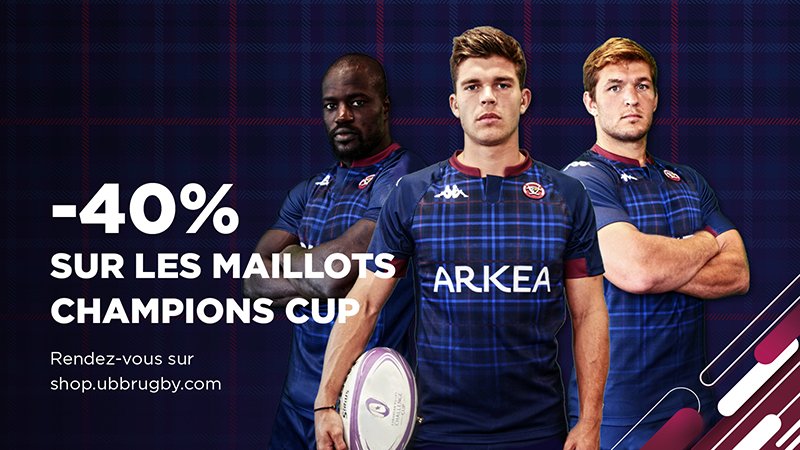 UBBrugby's tweet photo. Pour fêter cette victoire bonifiée en @ChampionsCup_FR, nous vous offrons -40% sur nos maillots Europe 🤩
➡️ https://t.co/nLAmnObrvE
#ILOVEUBB #UBBvDRA https://t.co/0NgkNEPU4D