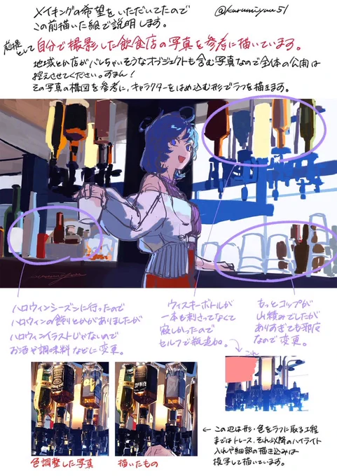 瓶の描画のプロセスとか絵のメイキングの希望をいただいてたのでざっくり解説しました。マジでざっくりです。
特に問題なく創作性が認められる程度には改変していますが、この作品に関しては1割は自撮影写真トレス、3割は模写、6割は完全自描くらいの感じです。あしからず! 
