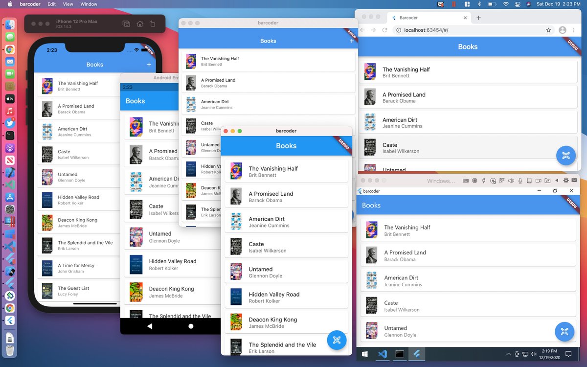 timsneath's tweet image. OK, Flutter on Apple Silicon turns out to be pretty impressive. This is an app for iOS, Android, iOS/Catalyst, macOS, web and Windows, all running on the same machine, as well as Android Studio, Xcode, VSCode. Same codebase. Fanless. Fast. Wow. #Flutter #applesilicon #developer