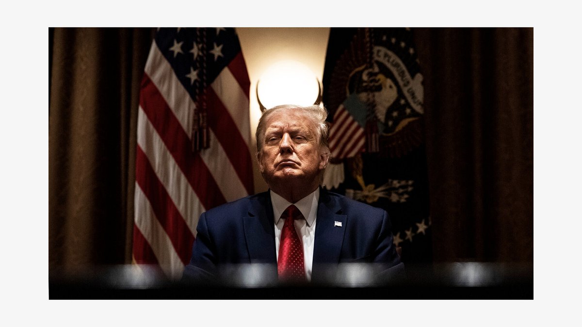 And here's another execution of the same idea, but by a disgruntled photographer this time.He took a photo of Trump JUST RIGHT to give him horns from the light behind him.Again, we are trying to make the viewer feel clever.