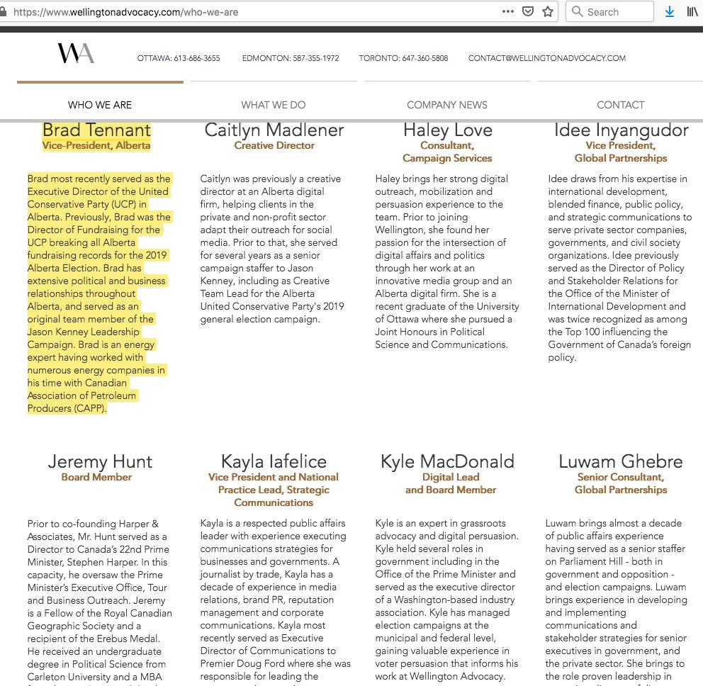 I hadn't heard of Wellington Advocacy before, so I looked at their site. Read those bios.Looks like a bunch of Conservative Cronies got together and built a website. A bunch of them worked for Kenney, Ford, Harper, and CAPP. #ableg  #FollowTheMoney