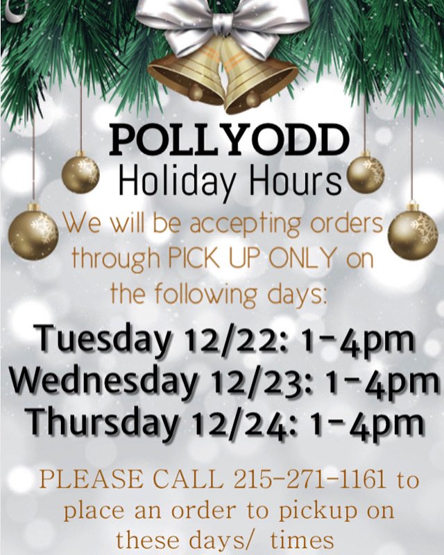 HOLIDAY HOURS for the following week. Get those orders in, we will be doing pick up only! 😊 we will be closed on Christmas Day!