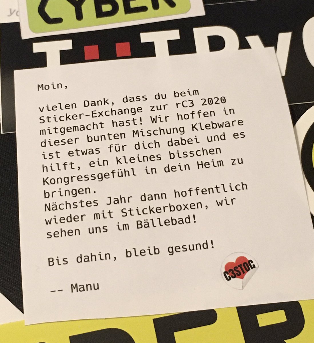 i2mo's tweet image. Beste Stickerflut von @c3stoc 
Richtig geil, vielen Dank!
 #rc3 #stickerexchange