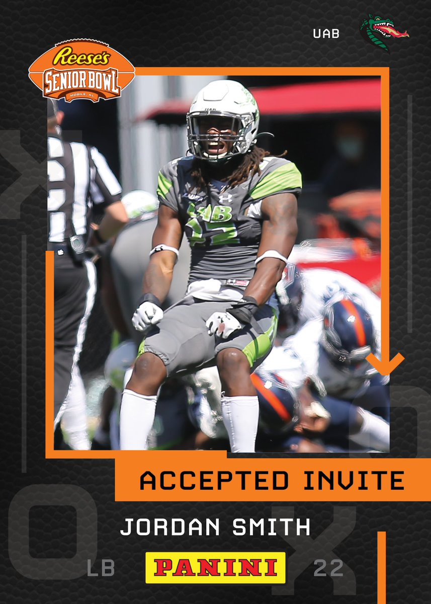 It’s official!!! Welcome Jordan Smith (<a href="/Jshmoov1/">Jordan Smith</a>) from <a href="/UAB_FB/">UAB Football</a> to the <a href="/Reeses/">REESE'S</a> Senior Bowl!!! 
💪💪💪 #WinAsOne #TheDraftStartsInMOBILE

@JimNagy_SB <a href="/PaniniAmerica/">Panini America</a> #RatedRookie