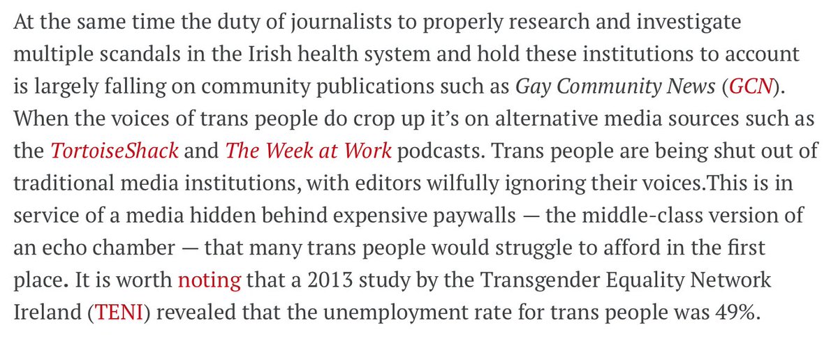 I'm not familiar with Irish so I can't comment but in the UK white, male and middle class male people who identify as trans have a large profile that dominates over less privileged people who identify as trans and other oppressed groups such as women. >