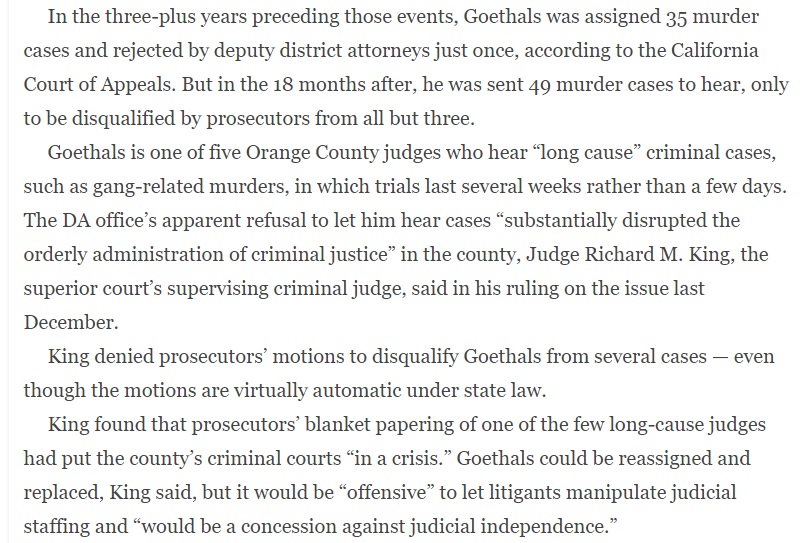 In Orange County, ethics scandals caused a judge to remove prosecutors from some homicide cases. The DA's office struck back by blanket-papering him, kicking him off almost all criminal cases. This was so disruptive the supervising judge tried to stop it.  https://www.courthousenews.com/chastised-das-office-can-boot-judge-off-cases/