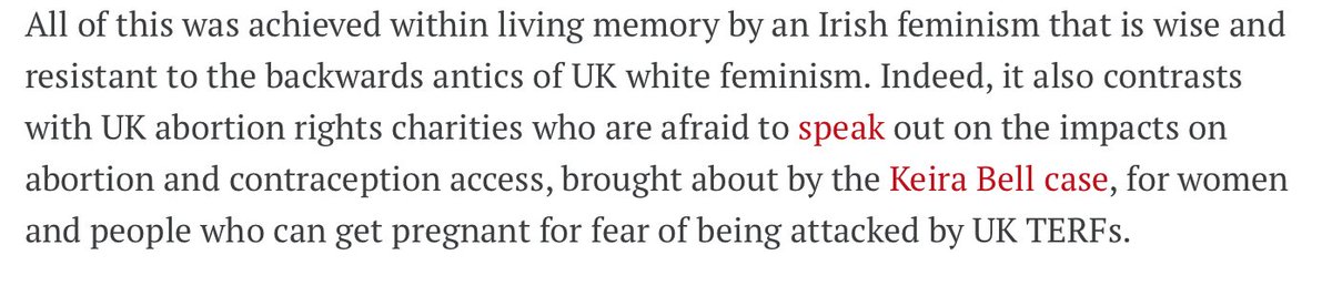 "White feminism" again. Can you remember the last time you saw a black Irish feminist speak? Also let's remember that  #KeiraBell *is* black as well as a number of others in the taking up legal action  @8RosarioSanchez  @BluskyeAllison. >