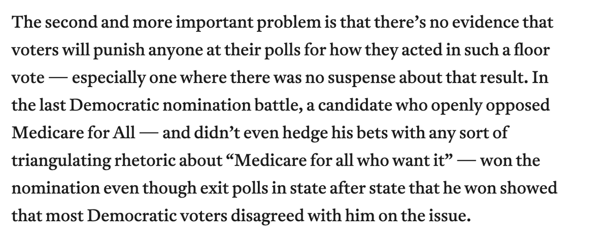 Next, Burgis continues to ignore the crux of my argument -- perhaps because he has no response to it.The *reason why* public officials don't suffer at the polls for their failure to endorse Medicare for All is because the media/pro M4All dems don't hold them accountable.