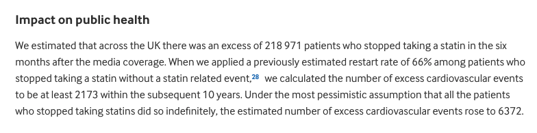 They absolutely will, and suggesting that they might not is a disservice to patients and public healthMatthews et al. estimated the health effect of a short period of negative media coverage of statins: between 2000-6000 excess cardiovascular events https://www.bmj.com/content/353/bmj.i3283