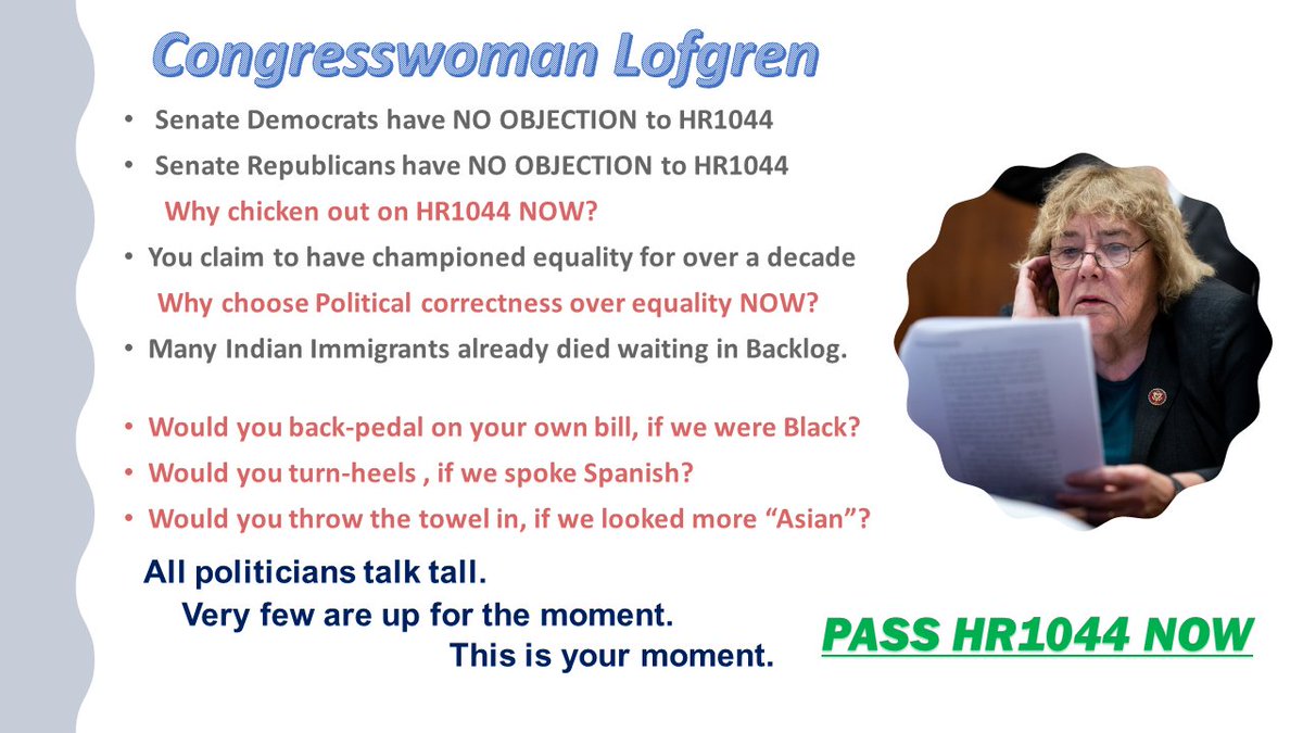 GreencardEquity's tweet photo. et tu, @RepZoeLofgren ? 🤦‍♂️🤦‍♀️

We have been mocked enough by xenophobes.
We have been betrayed by demagogues.
Don't add insult to injury.
Don't abandon the ship.

Pass #HR1044 NOW!✔️

@RepKenBuck @SpeakerPelosi 
@KamalaHarris @SenMikeLee https://t.co/dwn8povUIO