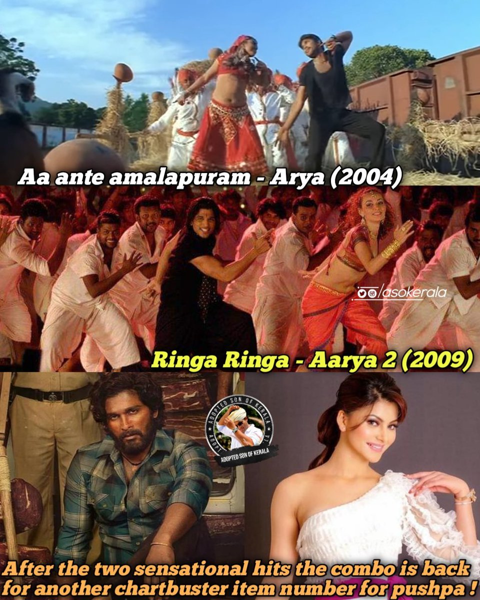 ASOKERALA's tweet photo. #AlluArjun - @ThisIsDSP - @aryasukku Combo kick vere level 🤙🥁🥁💥💥 !!

Expecting nothing less than a mass song that will make audience dance in the theatre 💃💖

This time with fangirl @UrvashiRautela😍😘 

#Pushpa/@alluarjun/#പുഷ്പ https://t.co/WJipGnvrSo