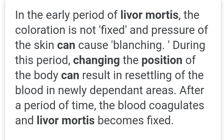 4) Agak ganjel karena mayat ditemukan dalam posisi duduk padahal klasifikasinya hanging.... dan soal livor mortis, posisi tubuh yg berubah bisa berpengaruh di tempat munculnya livor mortis