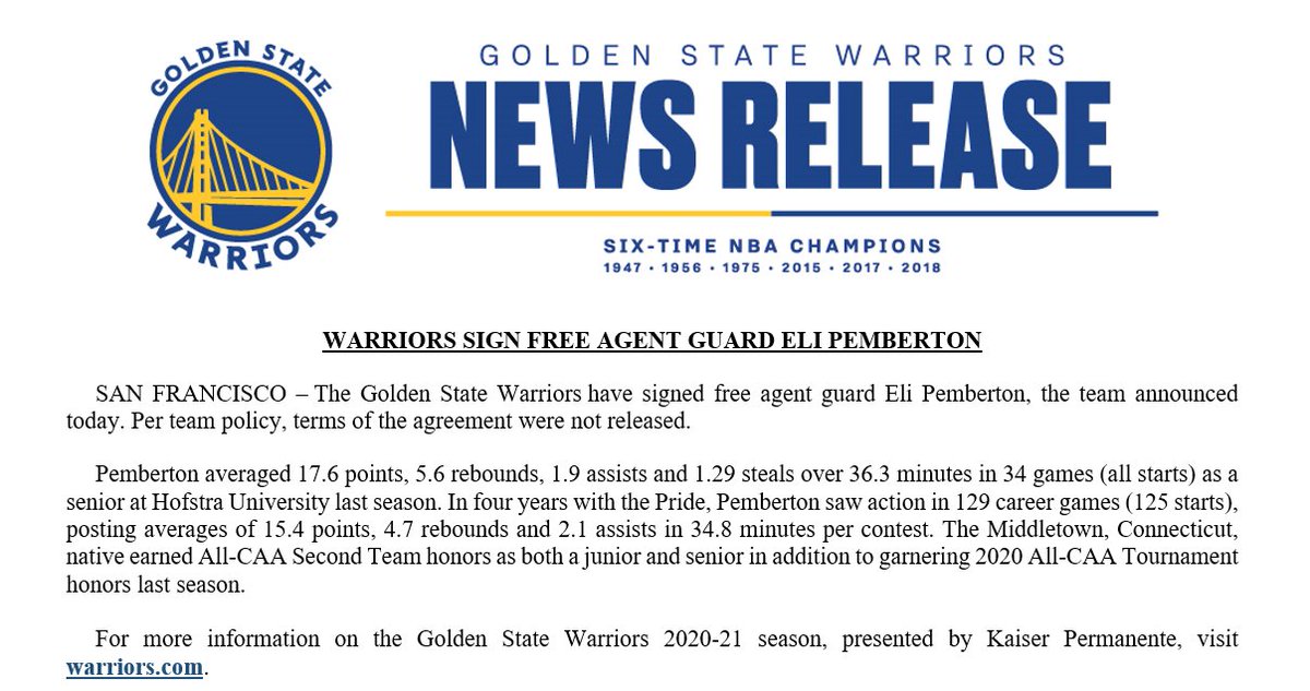 The Warriors have signed free agent guard Eli Pemberton: