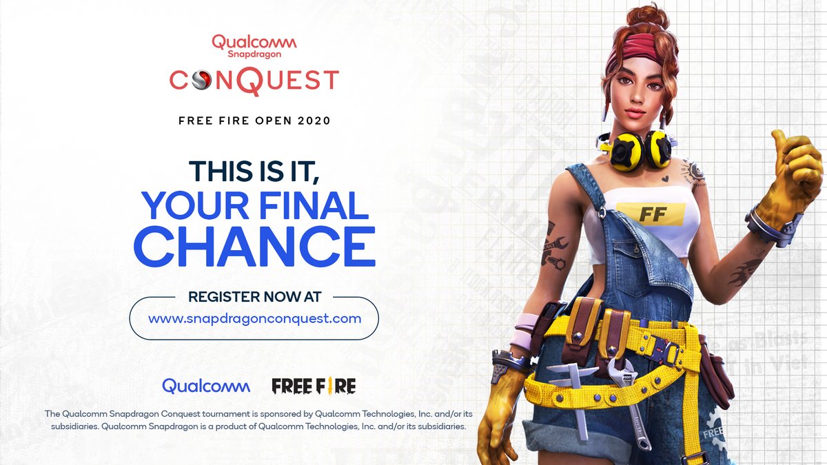 _ConquestEsport's tweet photo. This is the final call. Your last chance to glory. Have you registered yet?​

The registrations for Free Fire Open 2020 close soon. Hurry! ⏰ ​

Register at https://t.co/Veqh35EmmW​

#snapdragonconquest2020 #snapdragonconquest #freefire https://t.co/Zz3TmM3RjW