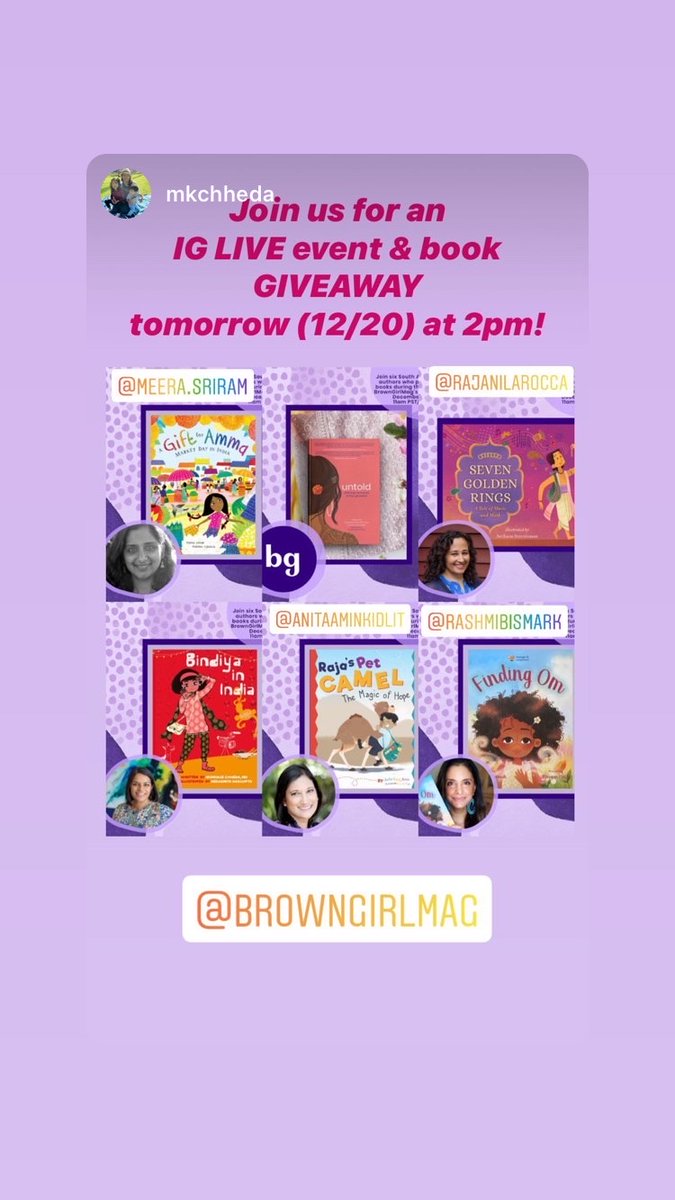AnitaAminKidLit's tweet photo. Join us on IG Live @BrownGirlMag on 12/20 2pm EST as six South Asian authors, who launched their #picturebooks in 2020 during the pandemic, celebrate the feat of publishing. We will share our inspirations &amp; read an excerpt. Holiday #kidlit book give away! 
https://t.co/Uoj0xrHI5W https://t.co/jBpWw9e3EH