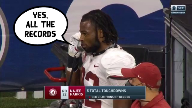 CBSSports's tweet photo. What Najee Harris Did on Saturday:
• Became Alabama’s all-time rushing leader
• Set school record for career Rush TD
• Set school record for career TD
• Set SEC Championship Game record with 5 TD
• Tied school record for TD in a game (5) https://t.co/Yvshsab3R4