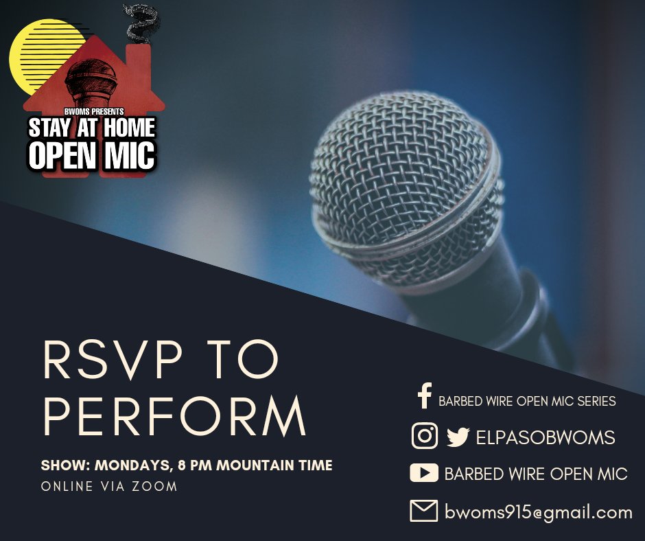elpasobwoms's tweet photo. Our online open mic is attracting performers from all over the country. Join in and see what its all about!
RSVP to performer here: https://t.co/6LuXraHdW8
#elpaso #openmic #onlineopenmic #virtualopenmic #callforpoets #spokenword #poetryreading #singersongwriters #onlinestage https://t.co/Vqi9G5crzi