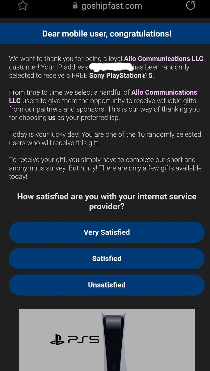shawndiaz's tweet photo. @AlloFiber I just received a potential spam message about getting a free PS5 and it says it's from Allo. But, I know it's not, so I wanted to share so you were aware. https://t.co/LkFAzugYPC
