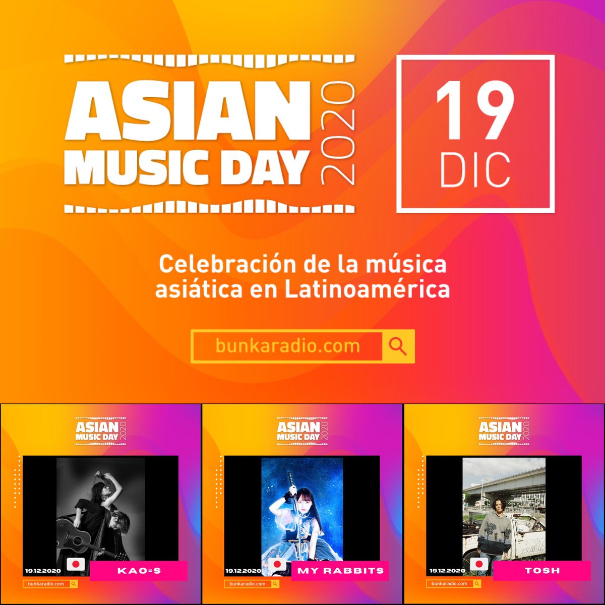 OnigiriMedia's tweet photo. Hola🇨🇴コロンビアのメディアBunka Radio @bunkawave で放送中のAsian Music Day。

この後🇯🇵AM10時からは、Asian Party People！番組は以下リンクより聴取可能です👉 https://t.co/MHLMIRrJtF

KAO=S, My Rabbits, TOSH, IBUKI, THE SYAMISENIST のコメントと曲もO.A！

#asianmusicday #amd2020 https://t.co/19GIRFTmnm