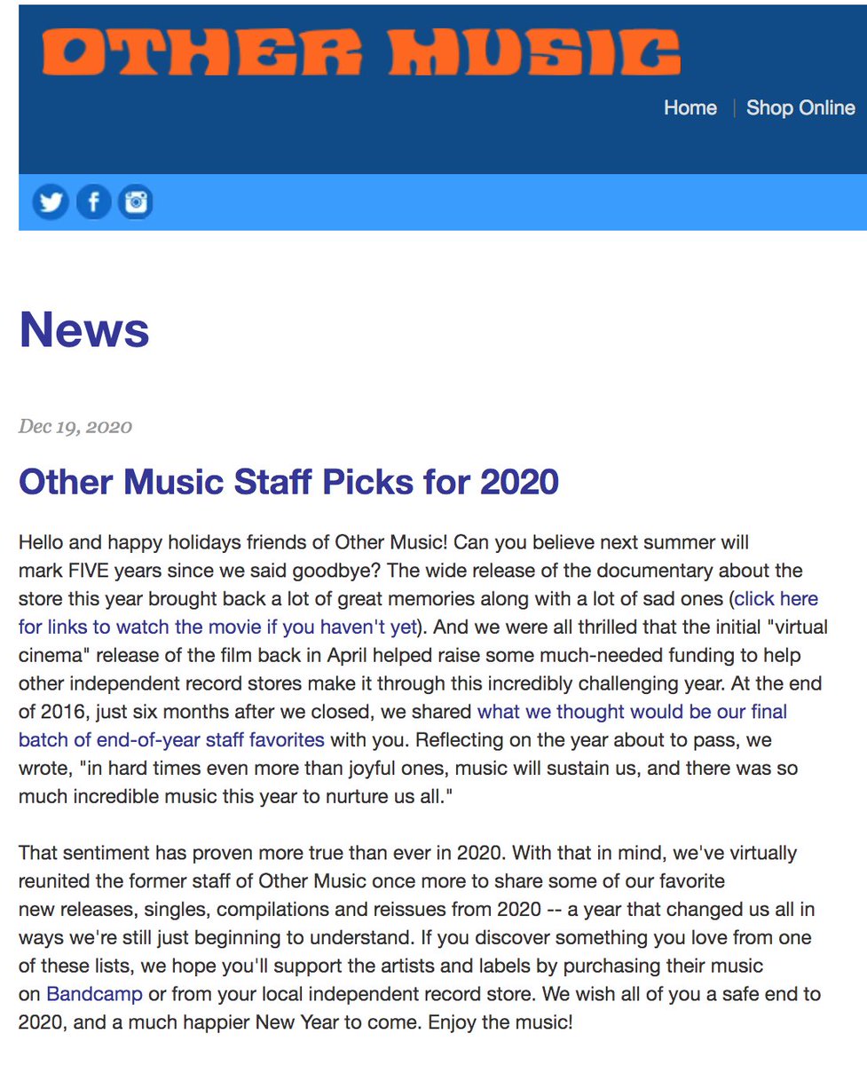othermusic's tweet photo. This year's wide release of the @OtherMusicDoc brought back many great memories. So our old staff 'virtually' reunited to share their top 10s of 2020! If you discover something you like from their lists please support on @Bandcamp or your local indie shop. https://t.co/9hN3ixzIBc https://t.co/M6129mSI27
