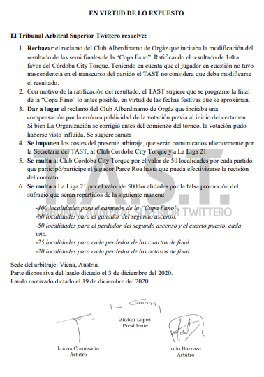 LaLiga21Of's tweet photo. ¡FALLÓ EL TAST!

El Tribunal Arbitral Superior Twittero se expeló sobre el caso Alberdinamo - CBA City Torque.

En los próximos minutos anunciaremos la fecha de la final de la #CopaFano. https://t.co/qgLLhtOEgN