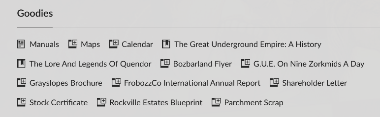 seriously, all the stuff here probably looks like total nonsense to younger gens, but if you came up in the era of Infocom and when game boxes regularly came full of "feelies", then this is quite a collection of bonuses available for download.