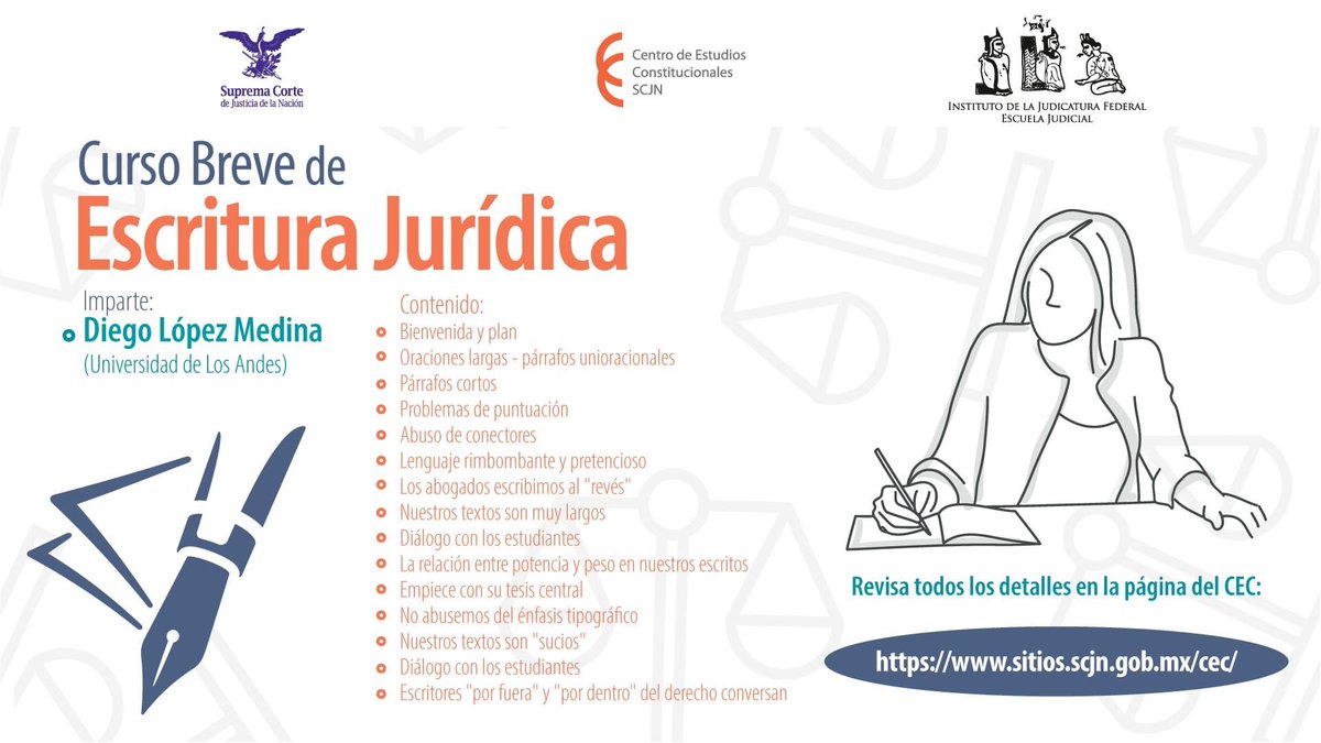 ¿Ya conoces el Curso Breve de Escritura Jurídica en línea? 

Es gratuito y puedes acceder en el horario que más te convenga a las 15 sesiones ➡️  bit.ly/31wL0kF    

 ⭕️ Diego López Medina de la Universidad de Los Andes (Colombia)

Invitan el <a href="/CEC_SCJN/">Centro de Estudios Constitucionales y SJ</a> y @IJF_ESCUELA