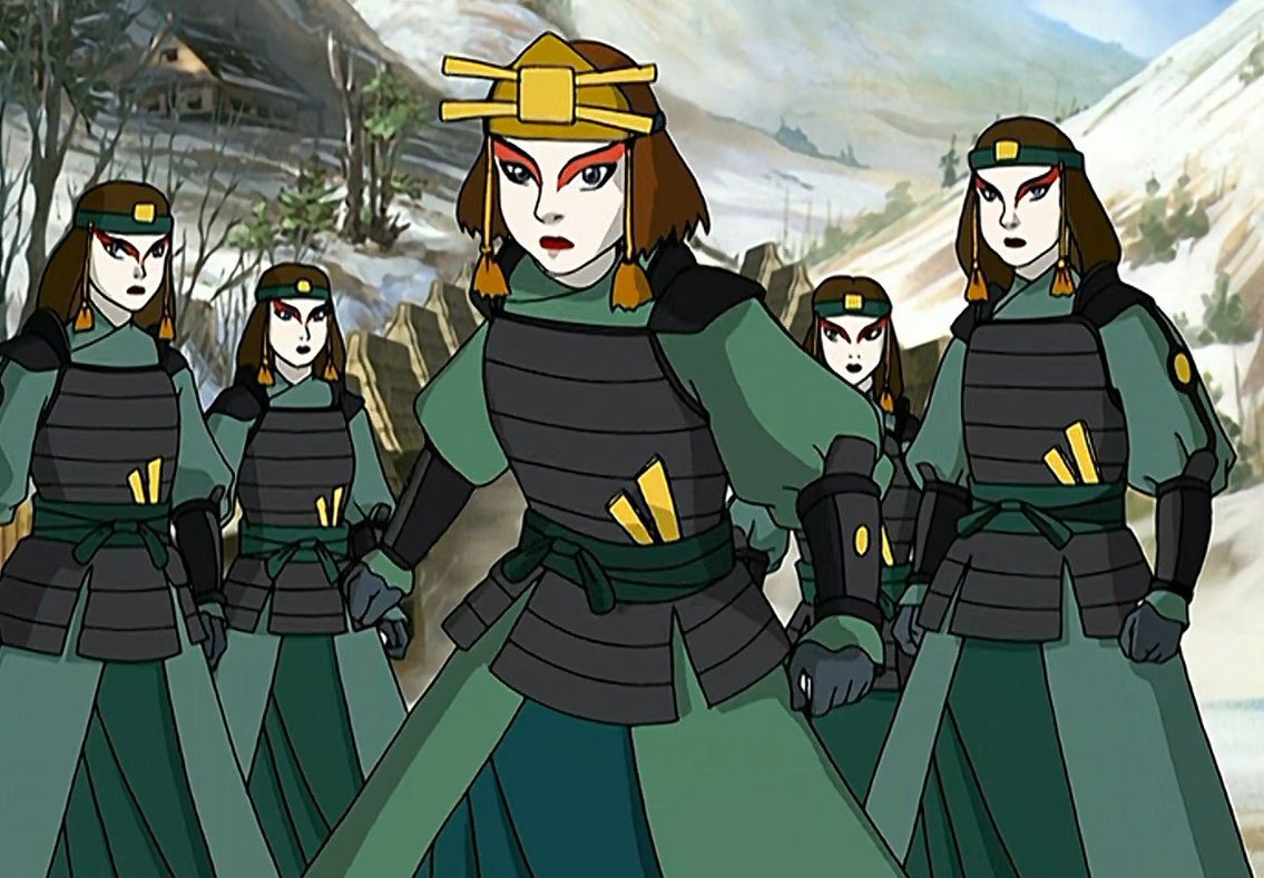 The Kyoshi warriors' face paint is inspired by geisha and kabuki face paint, though IN UNIVERSE, it references the paint Kyoshi wore when she was part of a criminal organization called the Flying Opera Company. The members disguised themselves as a theatre troupe.