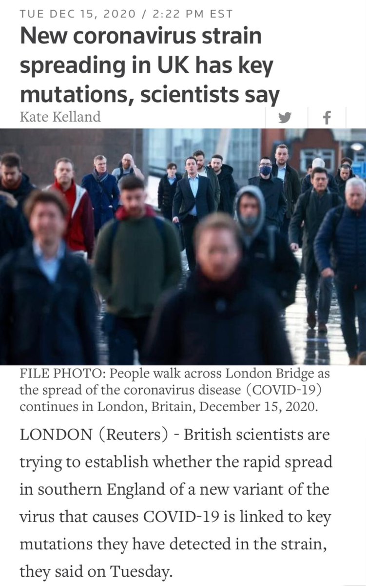 Correlation isn't causation. Increased detection of  #COVID19 Variant Under Investigation (VUI-202012/01) is occurring at same time as a general surge in coronavirus infections in UK. IMO it's premature to claim this mutation spreads more rapidly.1/: https://www.reuters.com/article/health-coronavirus-britain-variant/new-coronavirus-strain-spreading-in-uk-has-key-mutations-scientists-say-idUSKBN28P158  https://twitter.com/itvnews/status/1340330908835045377