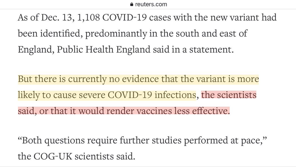 Correlation isn't causation. Increased detection of  #COVID19 Variant Under Investigation (VUI-202012/01) is occurring at same time as a general surge in coronavirus infections in UK. IMO it's premature to claim this mutation spreads more rapidly.1/: https://www.reuters.com/article/health-coronavirus-britain-variant/new-coronavirus-strain-spreading-in-uk-has-key-mutations-scientists-say-idUSKBN28P158  https://twitter.com/itvnews/status/1340330908835045377