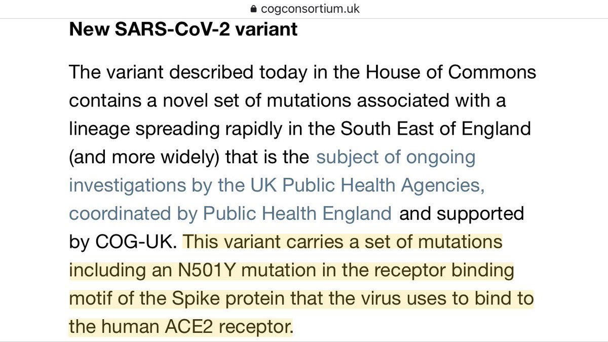Spike protein mutation in UK's VUI-202012/01 has occurred independently in several places, including S. Africa's 501.V2 variant. COG-UK only runs genomics on ~10% of  #COVID19 cases, so 1000+ w/variant strain doesn't tell us yet if it's more infectious.2/ https://www.cogconsortium.uk/news_item/update-on-new-sars-cov-2-variant-and-how-cog-uk-tracks-emerging-mutations/  https://twitter.com/firefoxx66/status/1340359989395861506