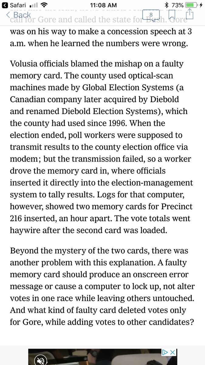 5/ From the NYT about 2000: “[A] faulty memory card shld produce an onscreen error message or cause a computer to lock up, not alter votes in one race while leaving others untouched. And what kind of faulty card deleted votes only 4 Gore, while adding votes to other candidates?”