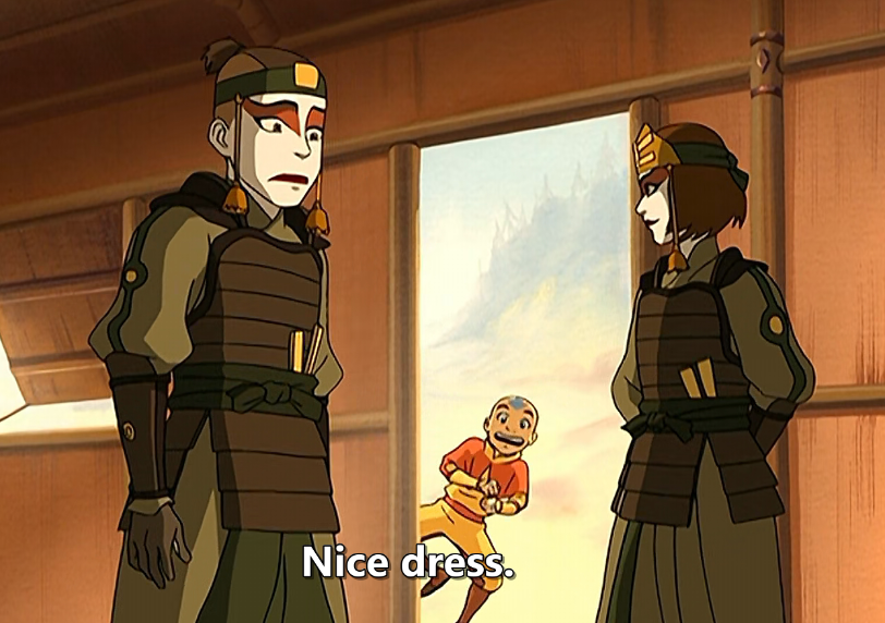 Avatar Extras say "Boys wearing dresses is scientifically proven to be funny. Even the Avatar thinks so."This is not true. There is nothing inherently funny about this except Sokka's awkward clownery.