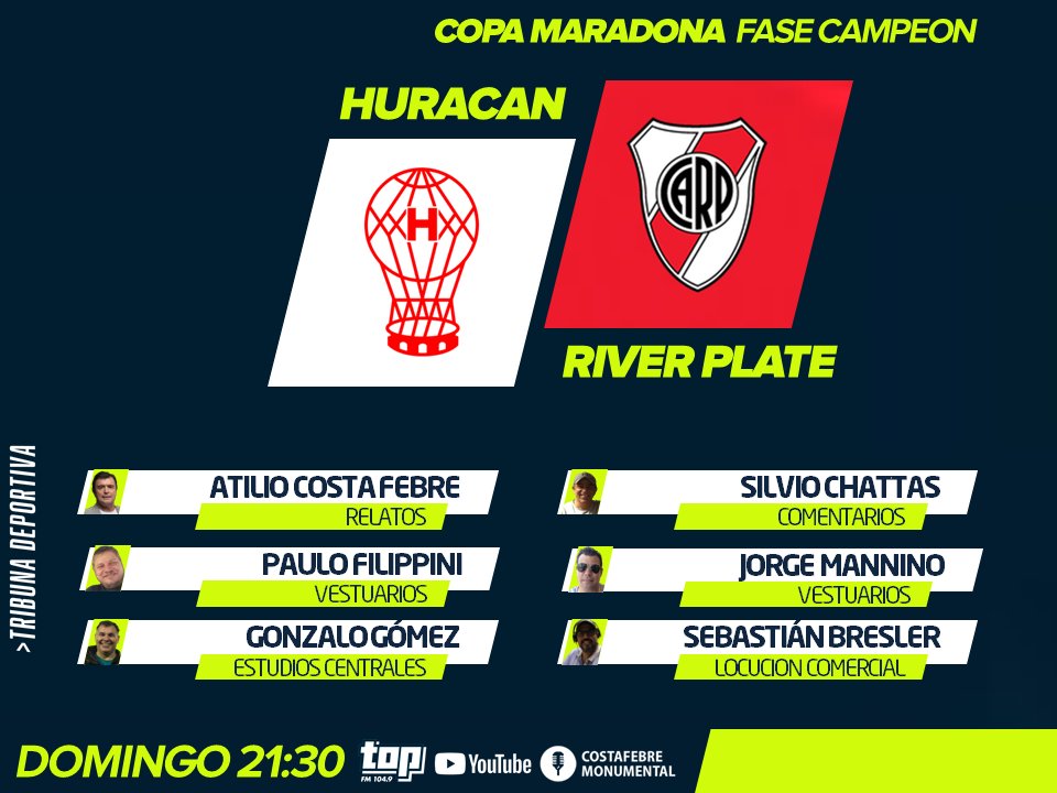 #CopaMaradona
#Huracan #River
🎙️ <a href="/CostaFebreOK/">Lito Costa Febre 🎙️</a>
🎙️ <a href="/silviochattas/">Silvio Chattas 🎙⚪🔴⚪</a>
🎙️ <a href="/PauloFilippini/">Paulo Filippini</a>
🎙️ <a href="/JorgeMannino/">JMannino</a>
🎙️ <a href="/gonzalogomez00/">Gonzalo Gómez</a>
🎙️ <a href="/locutoro/">Locutoro</a>
📻 <a href="/CarpMonumental/">River Monumental</a> FM TOP 104.9