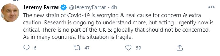 3)  @JeremyFarrar, director of the Wellcome Trust, said that its existence was still "worrying and a real cause for concern. Research is ongoing to understand more, but acting urgently now is critical.””There is **no part of the UK & globally that should not be concerned**.”