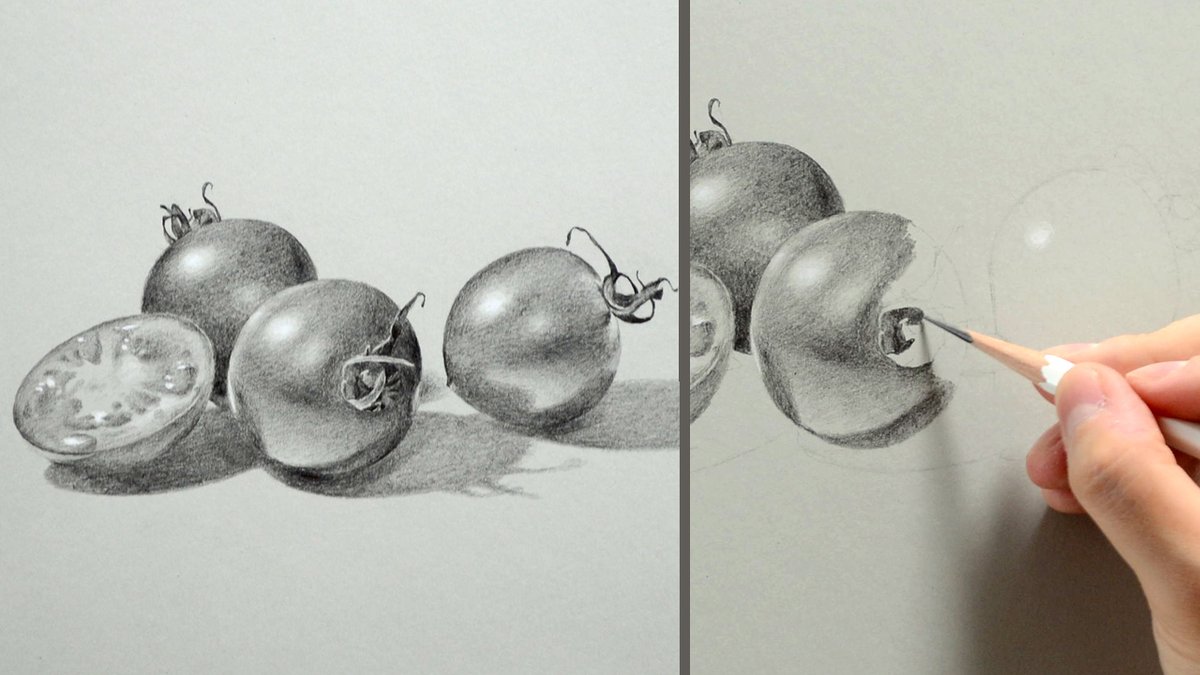 Naoya Ohtani トマトを2時間で描いたデッサンの制作動画をyoutubeにアップしました いつもの左から右に向かって描く画面を汚さない描き方 ブラックウィングを使用しているので どの硬さを選んでいるか手元を見ればわかるようになっています 鉛筆画
