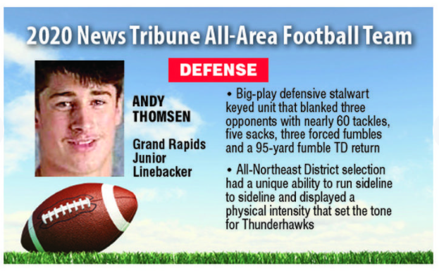 RapidsFB's tweet photo. Grand Rapids had 4 players named to the @duluthnews 2020 All Area Football Team. Congrats to @Trent_Johnson3, @ThomsenAndy, Noah Schmoll, &amp; Dane Kennedy. Well done! https://t.co/UHToHRzSua