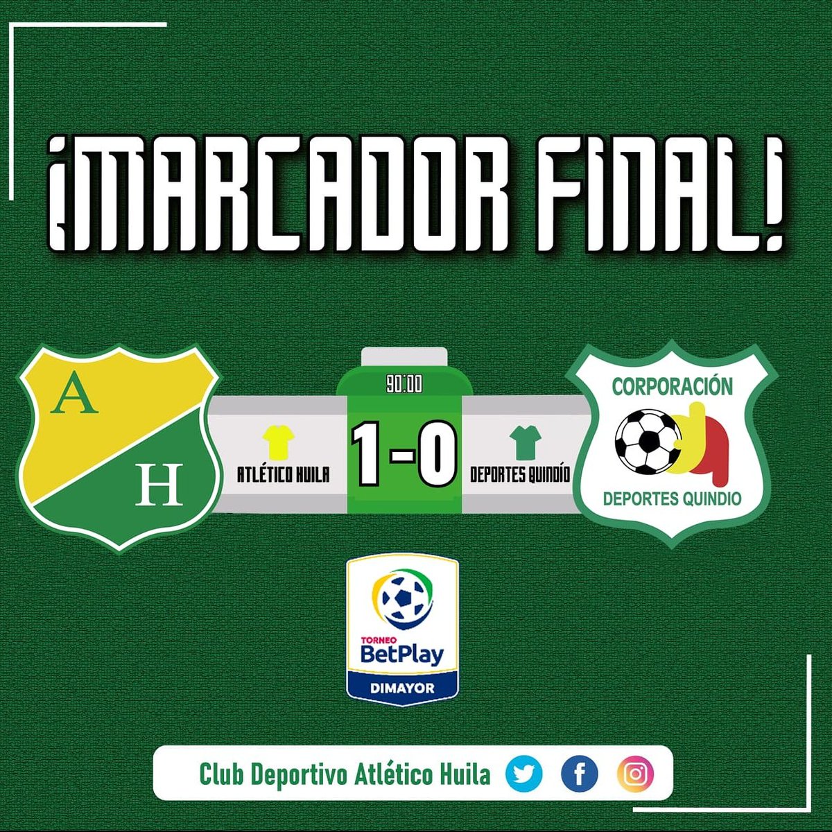 AtleticoHuilaof's tweet photo. Finalizó el partido en Neiva.

Con gol de Yuber Asprilla Atlético Huila venció al Deportes Quindío y es finalista del Torneo Betplay Dimayor.

#VamosHuila 💛💚
#PorqueSomosDePrimera https://t.co/QAqeqwyCUN