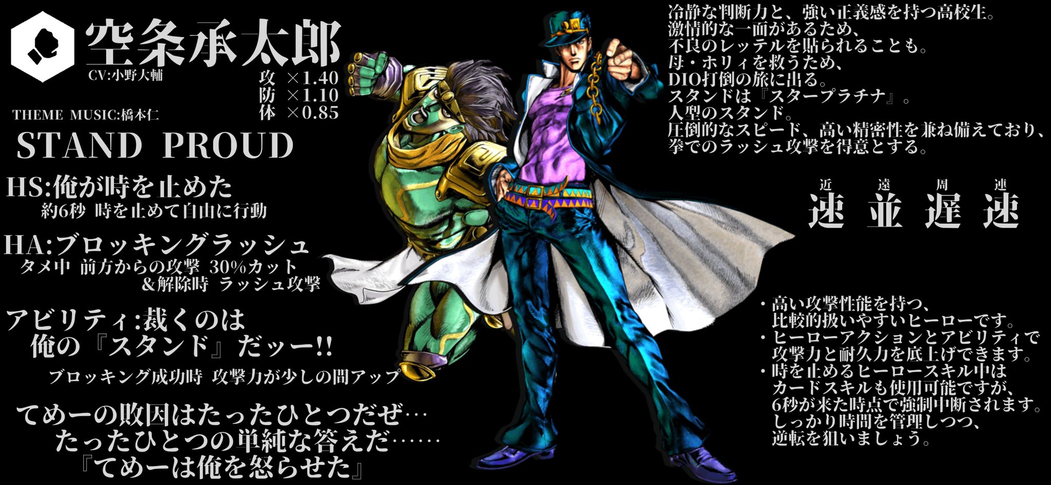 誰かのヒーロー ジョジョの奇妙な冒険 スターダストクルセイダース です 作ってみたのは 空条承太郎とdioの2人 2人ともヒーロースキルで時を止められる強力なヒーローです また カードスキルもかなり頑張って作りました イラスト 実は手を