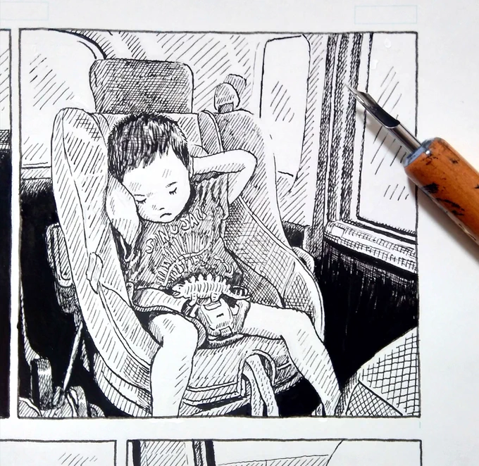 漫画、少しずつ描いてます。険しい表情で寝る息子。 