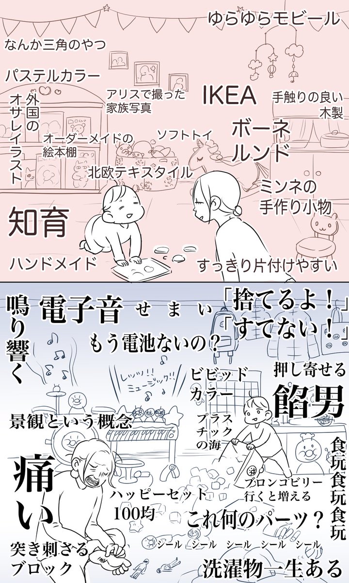 理想 北欧 知育玩具 すっきり 現実 鳴り響く電子音 足に刺さると痛いブロック 餡男 子供部屋の理想と現実が分かりすぎる Togetter