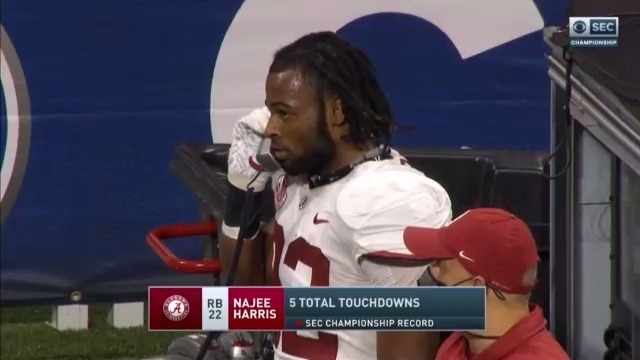 "Yes, hello? I just scored again." - Najee Harris, probably 

He has a new SEC Championship record with his fifth TD.